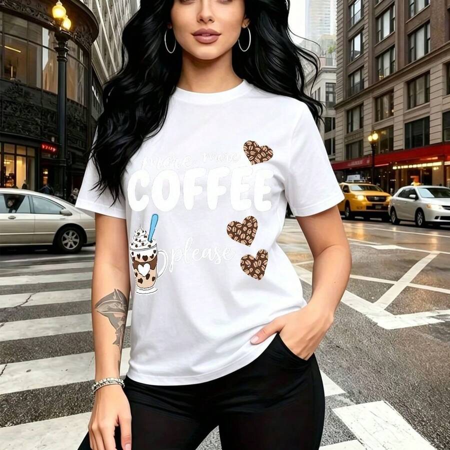 Camiseta de mujer con estampado divertido "more more COFFEE please" con corazones marrones y burbujas de té - diseño casual de manga corta, ajuste cómodo y moderno para el día a día - ideal para citas matutinas, compras en la ciudad o como regalo per - Blanco - Ver 1