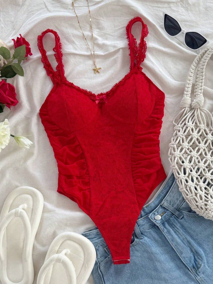 Mono casual vintage con textura de punto, con adorno de encaje romántico para mujeres, ropa de verano rosa - Rojo - Ver 1