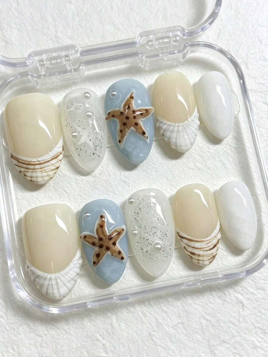 10Pcs Medium Short Almond Handmade Press On Nails, Summer Ocean Style With 3D Starfish Shell, Pearl & Glitter Details, Dopamine Sweet Y2K Beach Nails, Reusable Easy Application For Vacation Wedding Daily Outfits - Multicolor - View 1