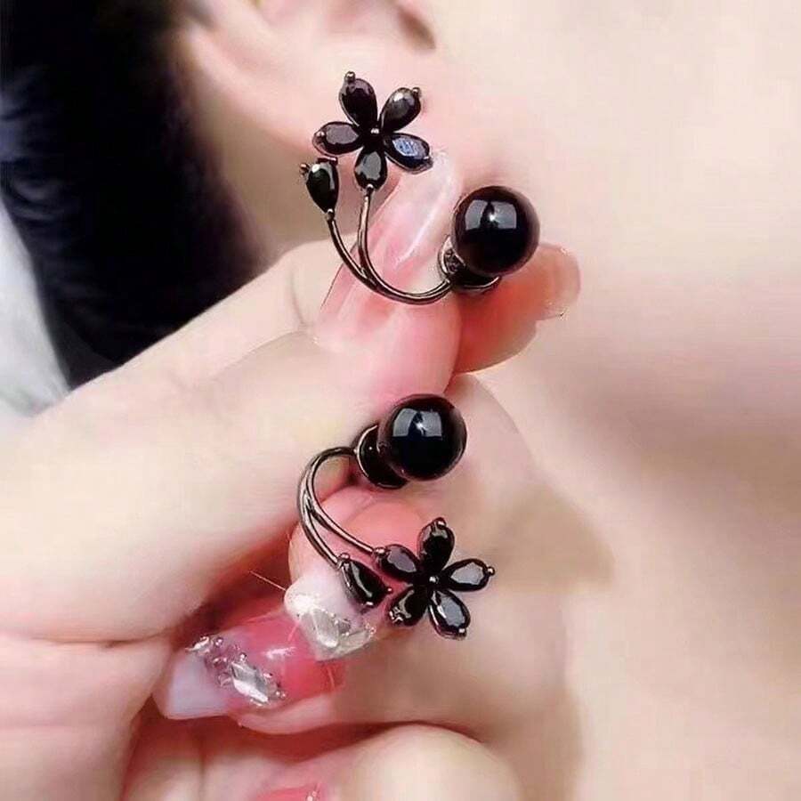 1對女款珍珠花朵耳環，適合日常配戴 - 黑色 - 查看 1