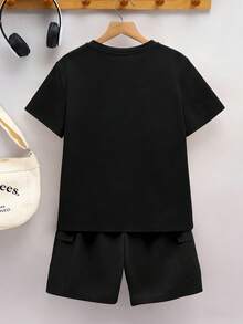 2pcs/Set Teen Boys Square Neck Pattern Set, Loose Street Style T-Shirt & Cargo Shorts, Soft Comfortable Cute Summer Casual Wear - Black - View 3