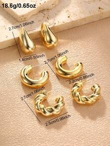 NAIZHU 3/9 Pairs Set European And American Fashionable Metallic Water Drop Geometric C-Shaped Earrings, Suitable For Daily Wear, Dates, Parties - Gold - View 11