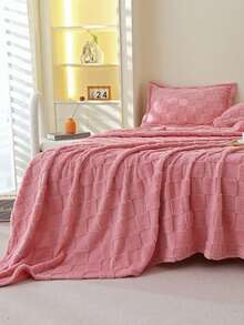 1pc Bread Grid Hem Soft Skin-Friendly Bed Blanket, Suitable For Living Room And Bedroom - Coral Pink - View 7