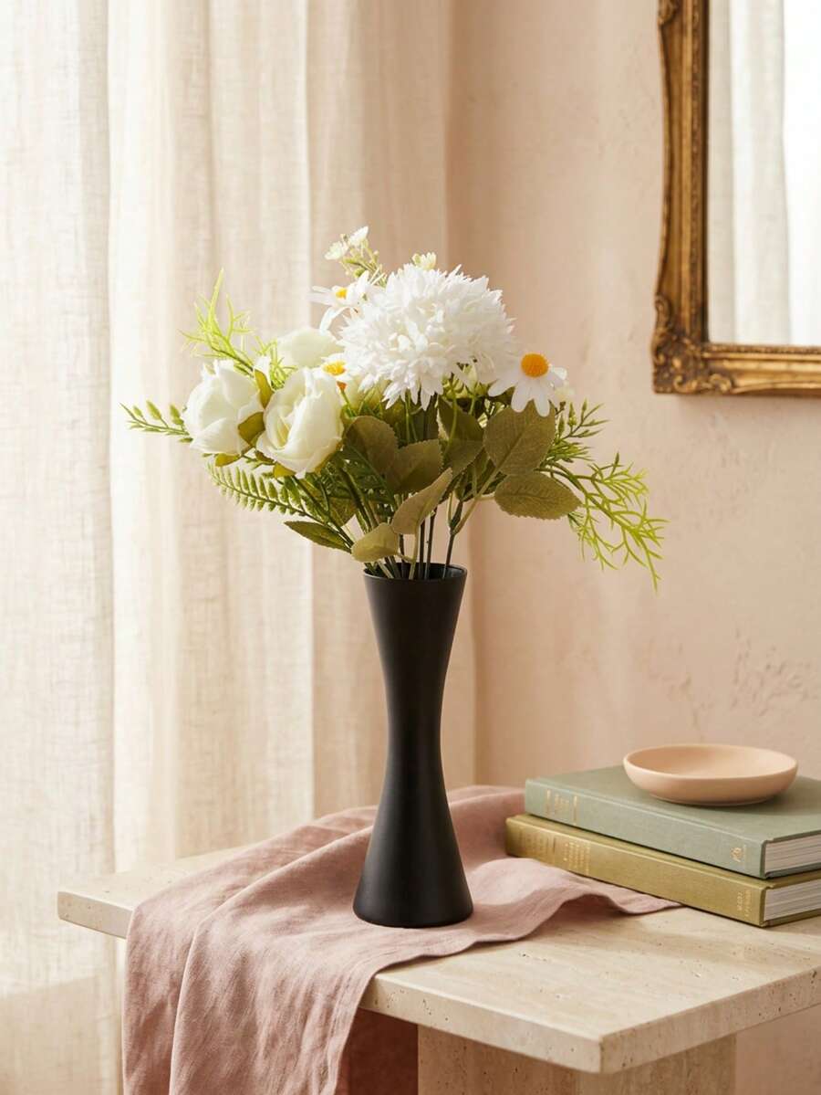 Elegant Metal Vase Paired With A Faux Floral Bouquet.This Compact Vase-Available In Gold Or Black-Is Crafted From Durable Metal.Its Slender Silhouette Is Suitable For Displaying A Wide Variety Of Flower Types.For Wedding,Dinner Settings, Home Decor - Black Fitted Waist - View 1