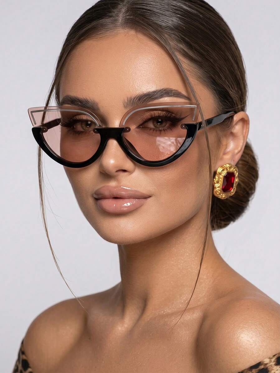 1 Pair Women's Cat Eye Large Frame Retro Half-Frame Fashion Glasses - Burgundy - View 1