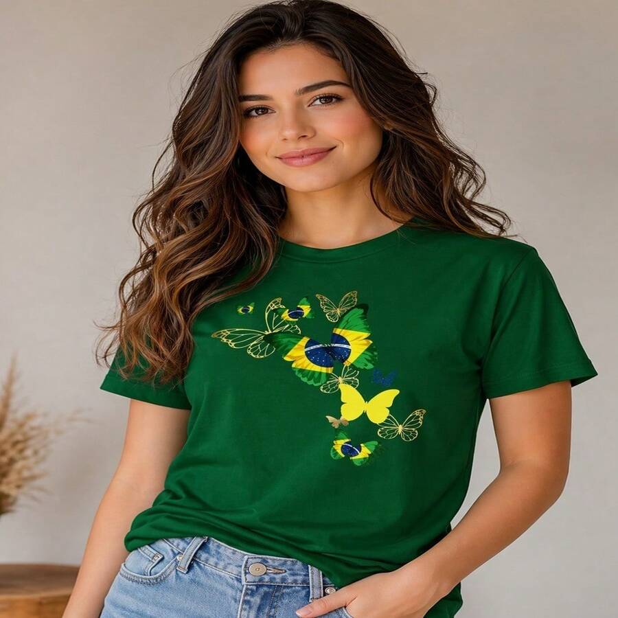 Women's Printed T-Shirt With Butterflies - Brazil Design - 100% Cotton - Free Fast Shipping - Green - View 1