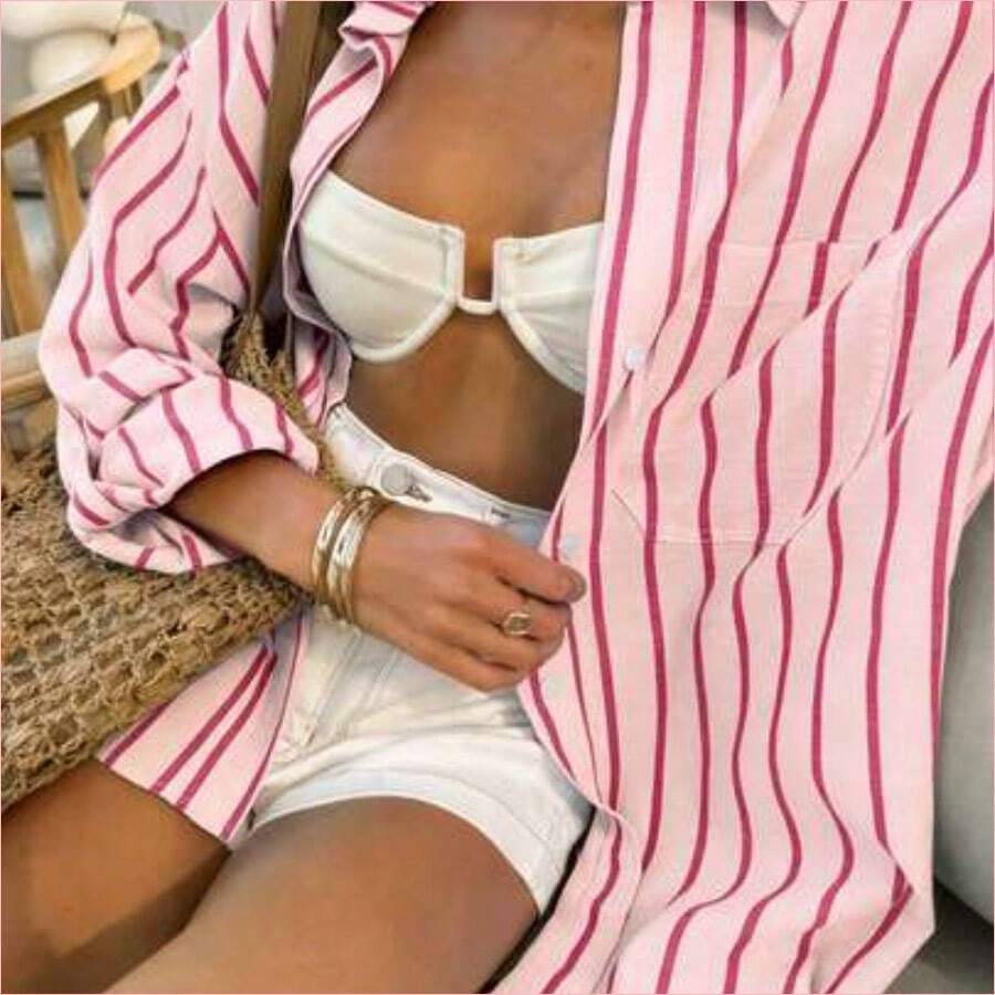 WNS Camisa casual de mujer de un solo pecho con hombros caídos y mangas enrolladas a rayas - Rosa - Ver 1