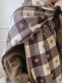 Cachecol Feminino Xadrez Corações Inverno Elegante Quente Macio Franjas Lenço Fashion Luxo - Castanho - Visão 10
