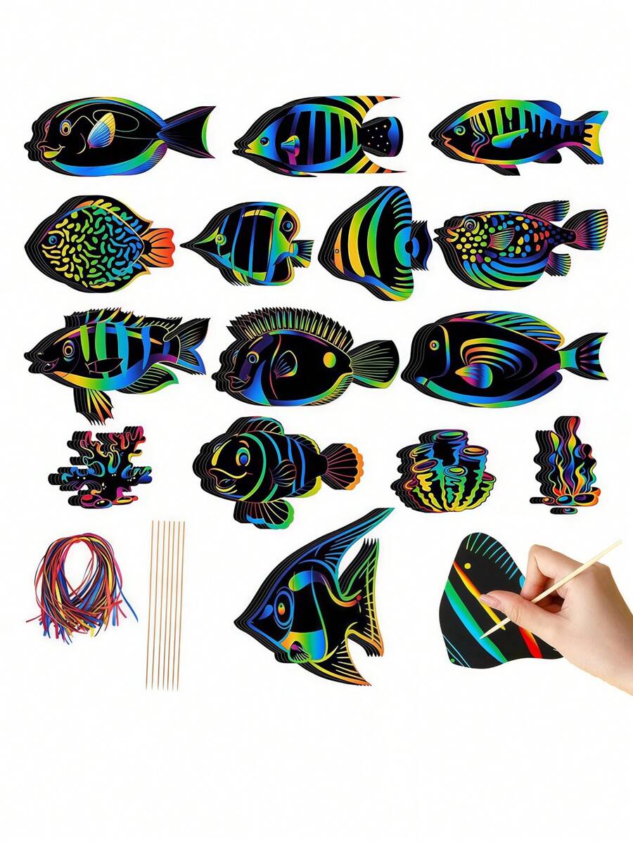 90pcs Ocean Fish Scratch Art Set, Ocean Fish Rainbow Scratch Art Card Set (Includes Scratch Pen And Ribbon), Scratch Art Cards - Perfect For Birthday Party Gifts And School Project DIY Craft Activities (Randomly Shipped Different Patterns) - Marine Animal Alien Scratch Art - View 1