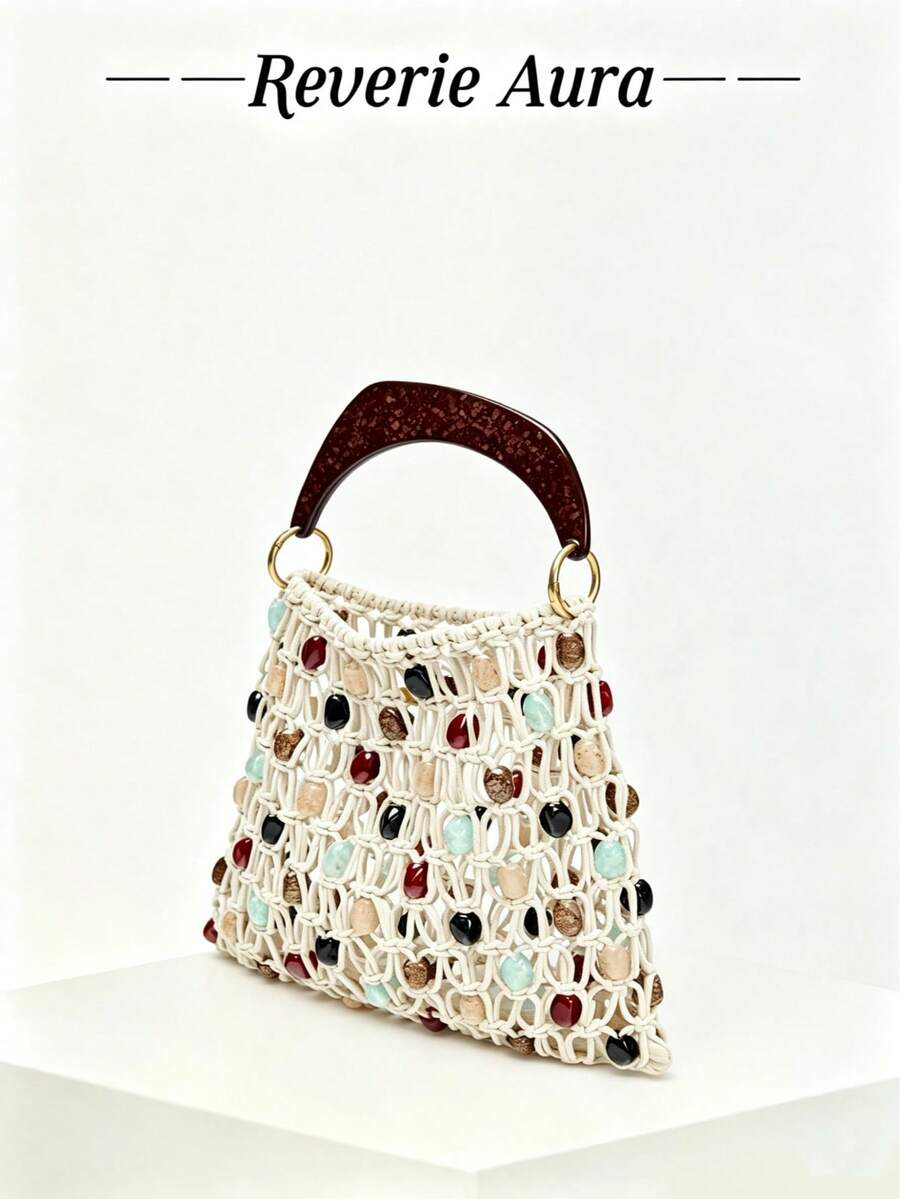 1pc Beige Vacation Casual Style Women's Handbag, Handwoven Beaded Wooden Handle Women's Tote Bag, Suitable For Beach, Outing, Travel, Matching Fashion Outfits, Dresses - Beige - View 1