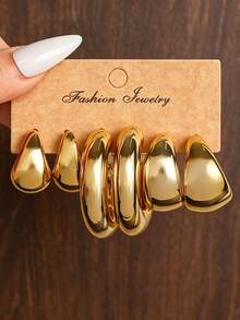 NAIZHU 3/9 Pairs Set European And American Fashionable Metallic Water Drop Geometric C-Shaped Earrings, Suitable For Daily Wear, Dates, Parties - Gold - View 14