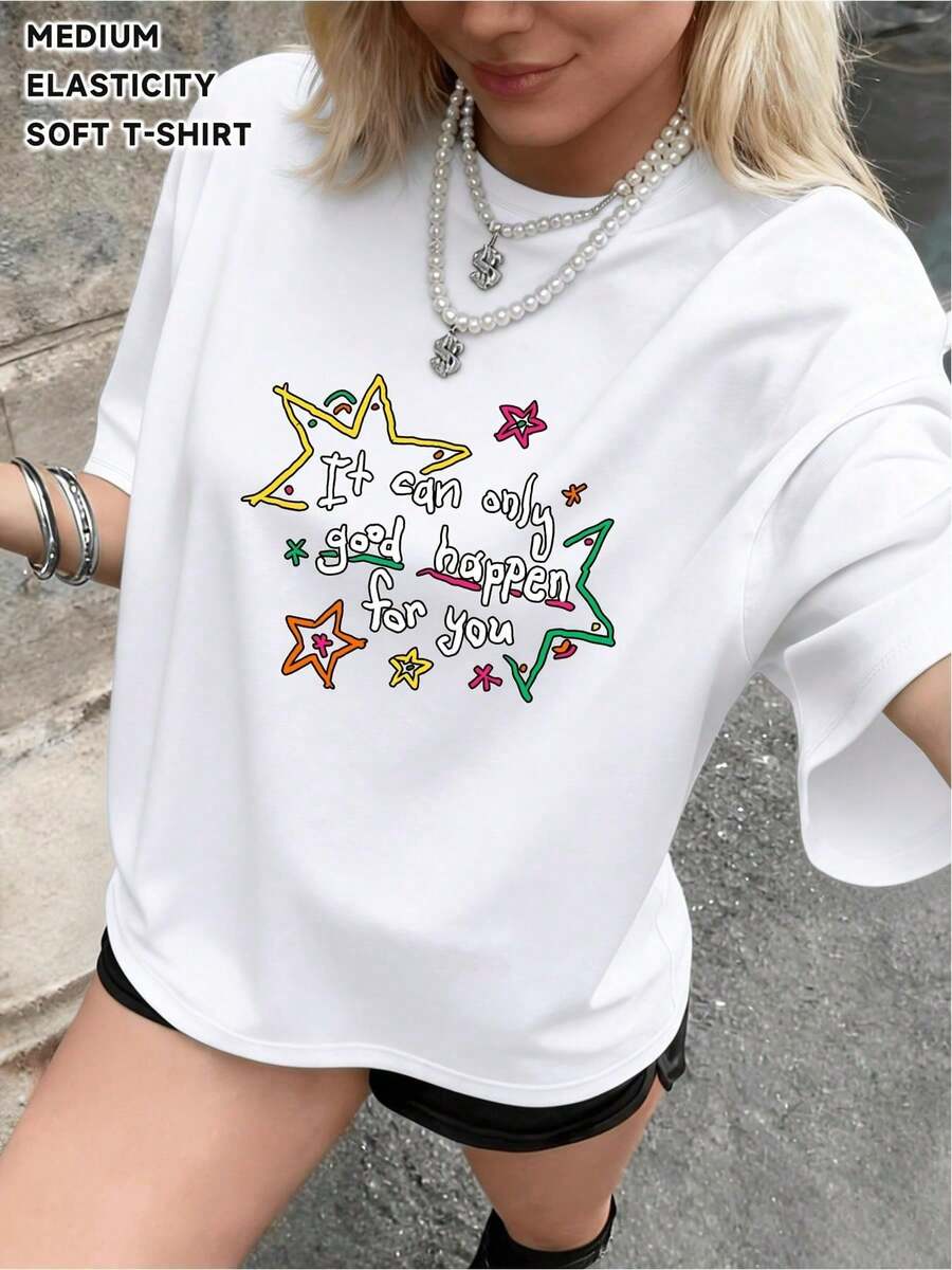 Primavera Grafica.1pac.100%Cotton.Y2K Style New Women's Fashion Casual Short-Sleeve T-Shirt, Featuring Unique And Fun English Letter And Star Print Patterns, Elegant, Casual, And Sexy, Made Of A Blend Of Polyester And Spandex, Suitable For S Size Street Style Short-Sleeve Tops. -Summer Tops Simple Graphic Print Tee, Casual Mother's Day Gift.Versatile.Classic - 白色 - 查看 1