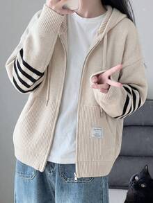大尺碼女款休閒連帽拉鍊開襟衫，Y2K風格，適合約會、日常穿著、春季、假期、學生 - 杏色 - 查看 4