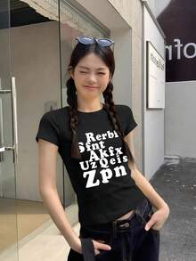 女士字母印花短袖T恤，夏季性感修身露脐休闲上衣 - 黑色-1 - 查看 5