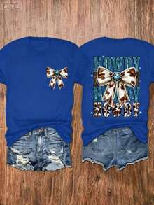 Western Tops Women, Turquoise Bow-Knot Print Round Neck Short Sleeve Top, Gift For Mom, Western Cowgirl Style, Country Outfit, Summer Cowboy Tee, Free Shipping - 藍色 - 查看 1