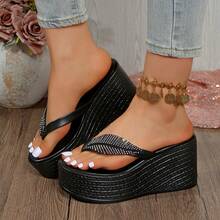 Women's Toe-Post Thick Sole Wedge Sandals, Rhinestone Embellished, Lightweight And Comfortable, Summer Beach Vacation - Black - View 5