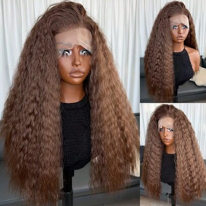 13x4 HD Deep Wave Wig With Baby Hair Natural Brown Curly Wig Kanekalon Futura Hair Pre Plucked Glueless Wigs With Natural Hairline 180% Density Synthetic Lace Front Wigs For Women HD Lace Frontal Deep Curly Wigs 22 Inches Sunthetic Hair Wigs For Daily Wear Party Cosplay Christmas