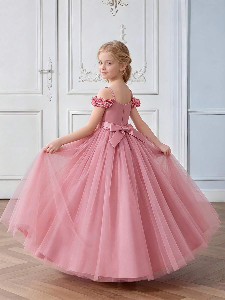 Vestido largo elegante de unicolor con tirantes de espagueti y malla de encaje para niñas preadolescentes, adecuado para niña de las flores en bodas, cenas y fiestas, sin diadema