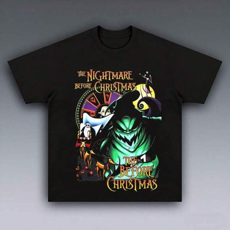 T Shirt Print ,Graphic-Cotton Tees Size Plus, Cartoon Round Neck Short Sleeve, Men's Graphic Tees Casual Round Neck Short Sleeve T-Shirt The Nightmare Before Christmassummer Streetwear Style Knit Top For Daily Street Wear Graphic Tees Men Street Wear 100 Percent Cotton ,Y2K,Oversized Shirt Men,With Shirt,Summer Tops,Shirt Suitable - 黑色 - 查看 1