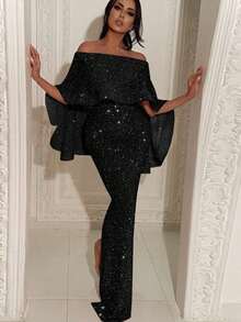 Vestido de Fiesta sin Tirantes con Escote Bardot y Gran Volante en la Espalda - Abertura Lateral y Ajustado - Negro - Ver 4