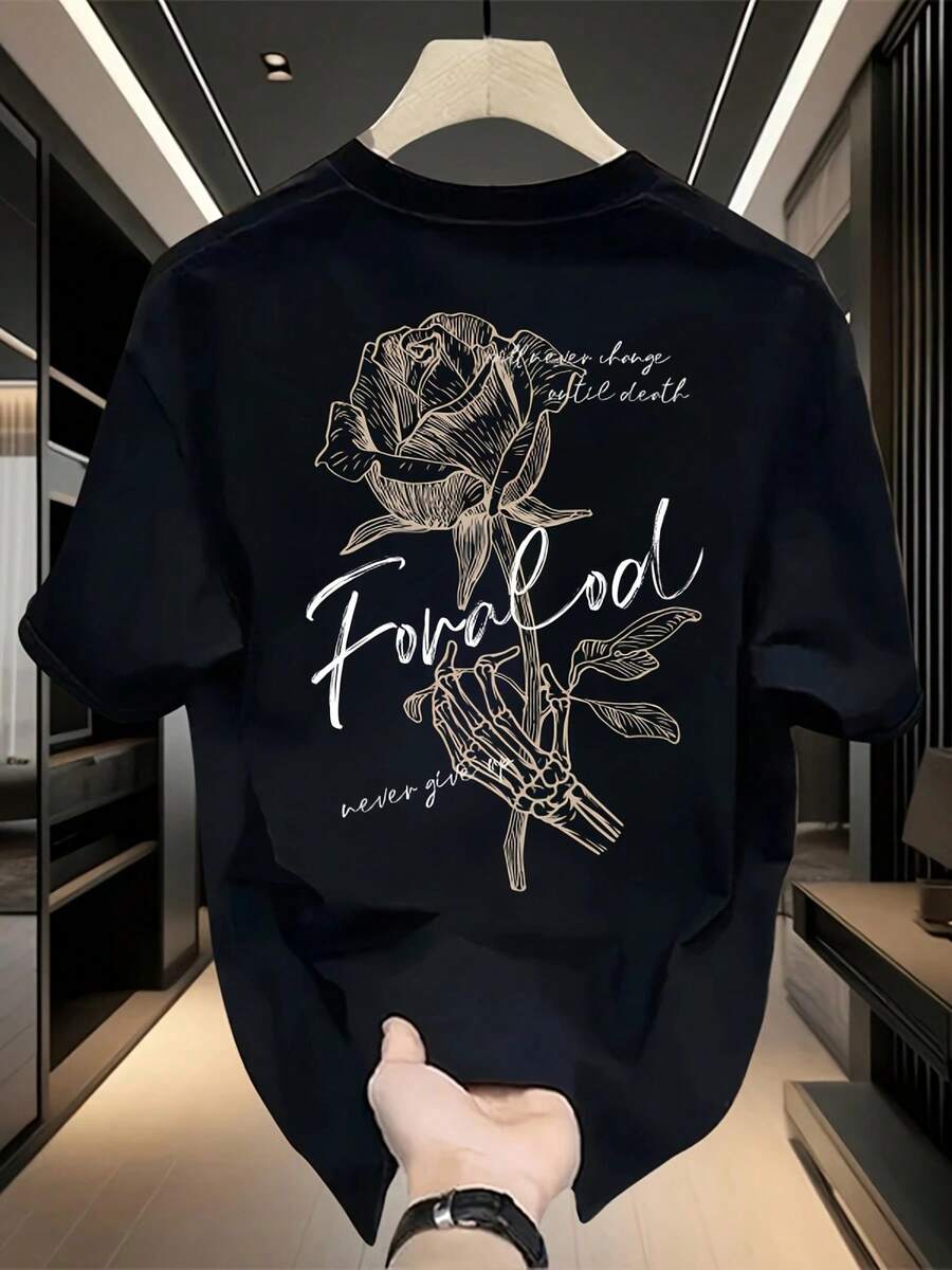 Camiseta de manga corta de algodón pesado, marca de moda, estampada, nueva de verano para hombres, talla, versátil y casual - Negro - Ver 1
