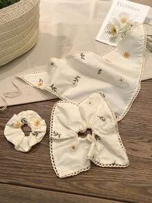 3pcs French Country Style Daisy Embroidered Headband, Hair Tie And Square Scarf Set, Lace Trim Triangle Scarf, Summer Bohemian Style Hair Accessories, Versatile For Daily And Vacation Use Beach Bandanas Vacay Scarf - Multicolor - View 3