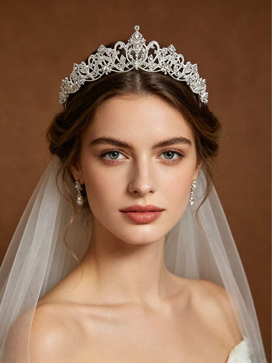1 pieza Diadema con mini corona incrustada de rhinestones, adecuada para fiestas, cumpleaños, bodas - Plateado - Ver 1