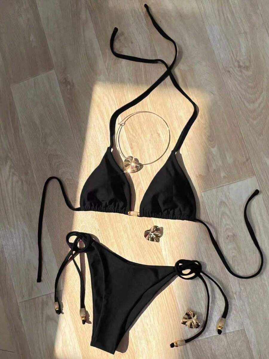 Traje de baño de estilo playero para mujer 2026, conjunto de bikini sexy con escote halter rojo brillante, de 2 piezas con lazos laterales, adecuado para vacaciones de verano de la mujer - Negro - Ver 1