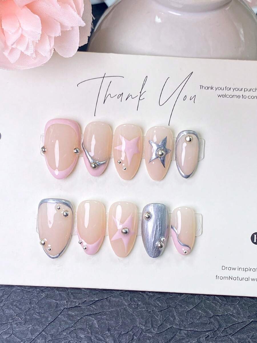 10 Pieces Handmade Press On Nail,Summer Nails,Cute Nails,False Nails,Almond Nails,Y2k Nails,Pink Nails, With Pink & Silver Metallic Accents, 3D Star Decals, And Silver Stud Details ,Perfect For Daily Wear, Parties, And Special Occasions. - Pink - View 1