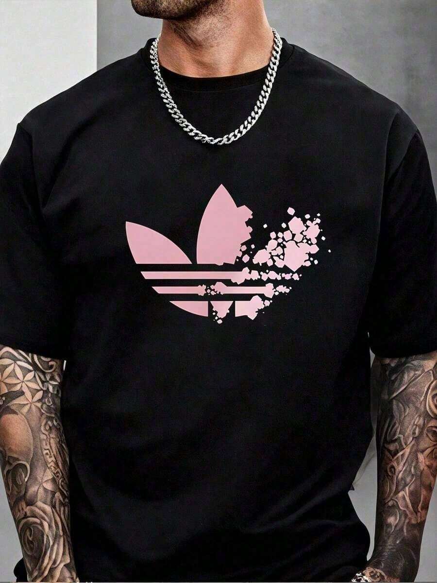 Camiseta de hombre con estampado deportivo de personajes de hojas Camiseta de algodón Tejido cómodo y ligeramente elástico Camisa casual de manga corta Cuello redondo negro - Negro - Ver 1