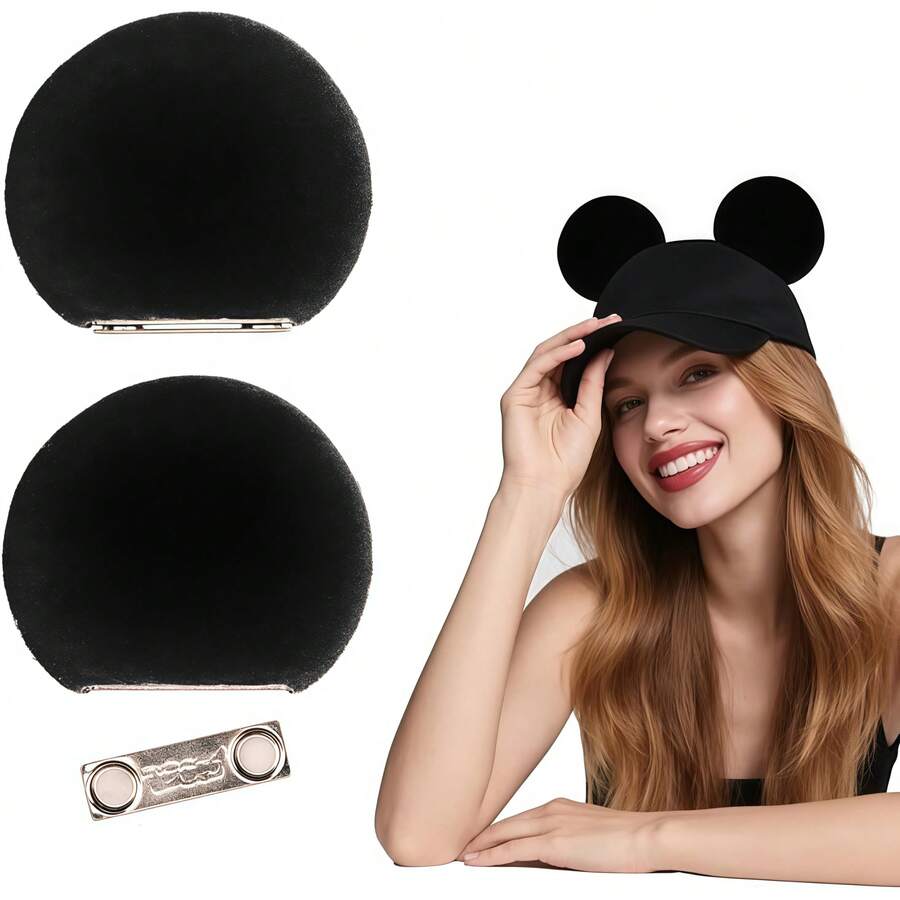 Magnetic Mouse Ears For Hats, Removable Magnet Ear For Cap, For Baseball Caps, Trucker Hats, Hoodies, Detachable Ear Clips, Lightweight Velvet, Hat Accessories Decor Gift For Families In Theme Parks, Parties & Halloween, Christmas, Cosplay Props