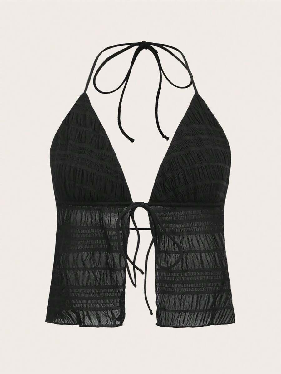 ICON Top halter de malla sin espalda con lazo dividido en el dobladillo, estilo Y2K - Negro - Ver 1