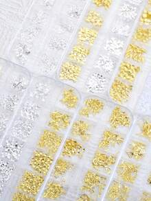 12-Grid Silver Ribbon Cross Butterfly Gold Ribbon Bow Metal Cute Nail Decorations, Nail Art Ribbon Bow Design, Mixed Style Sizes, Japanese Cute Nail Art Accessories, Nail Supplies For Home DIY Nail Salon, Glitter Nail Decorations Nail Charms - Multicolor - View 1