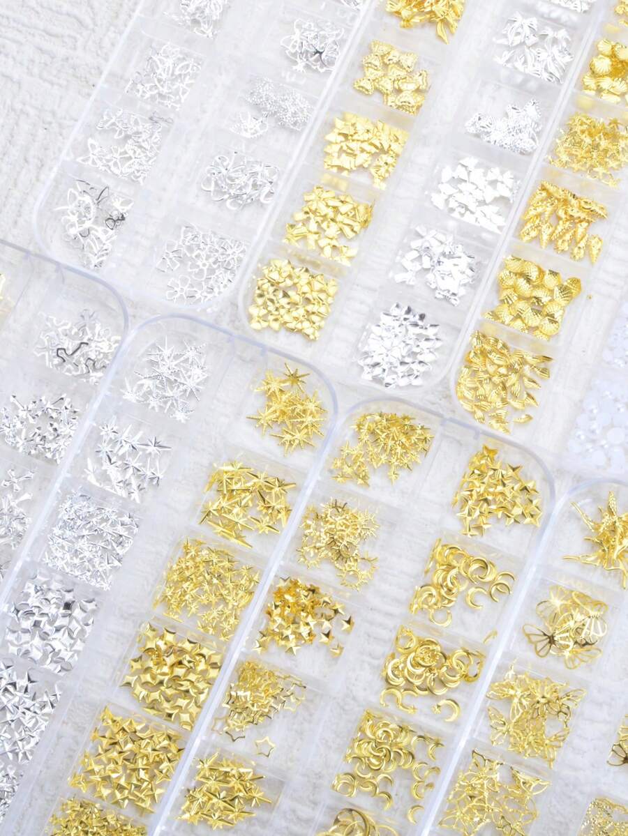 12-Grid Silver Ribbon Cross Butterfly Gold Ribbon Bow Metal Cute Nail Decorations, Nail Art Ribbon Bow Design, Mixed Style Sizes, Japanese Cute Nail Art Accessories, Nail Supplies For Home DIY Nail Salon, Glitter Nail Decorations Nail Charms - Multicolor - View 1