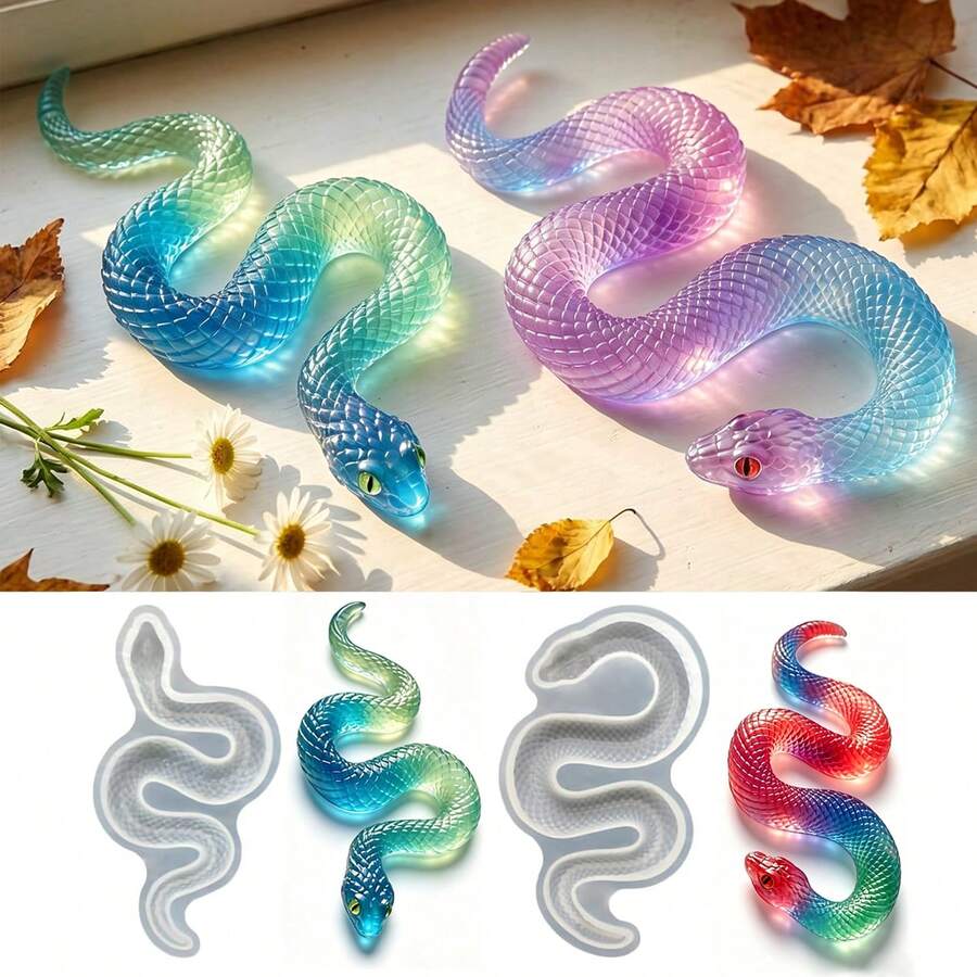 1個彈性3D蛇形矽膠模具,大號與小號,易脫模樹脂模具,適用於DIY藝術、家居裝飾、給蛇愛好者的禮物 - 乳白色/M碼 - 查看 1
