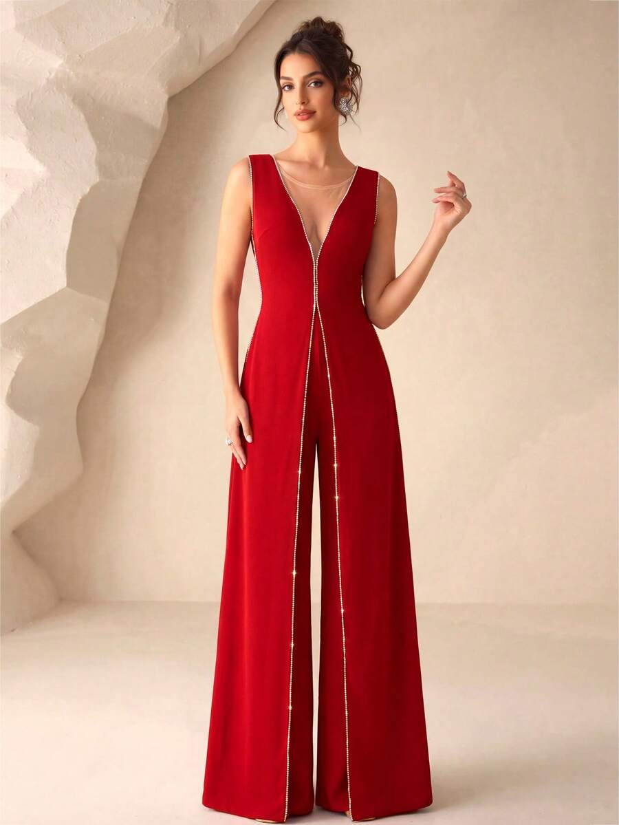 Diamond Chain Decor Deep V-Neck Sleeveless Split Leg High-End Evening Gown Pants - Red - View 1