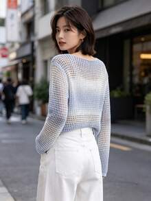新款女款夏季長袖鏤空針織罩衫 防曬上衣 時尚外搭罩衫 度假海灘穿搭 - 淺藍色 - 查看 2