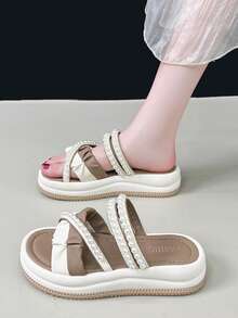 Nuevas sandalias reversibles para mujer, pantuflas con suela blanda y cómoda, zapatos con decoración de perlas y contraste de color - Caqui blanco - Ver 12
