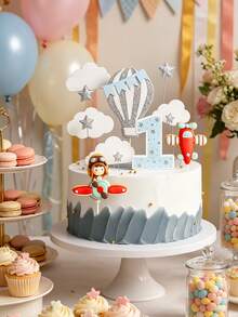 1 pieza Decoración para pastel de arcilla suave con avión y niño, avión rojo, globo, nube, decoración de pastel, adecuado para fiesta de cumpleaños, fiesta temática, regalo para niños - Multicolor - Ver 4