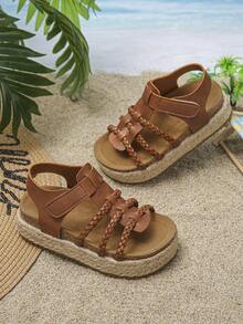 1 Pair Summer Kids Sandals, Fashion Solid Color Minimalist Hook & Loop Casual Vacation Party Beach Non-Slip Comfortable Outdoor Thick Sole Rope Open Toe Flat Sandals - Brown - View 6