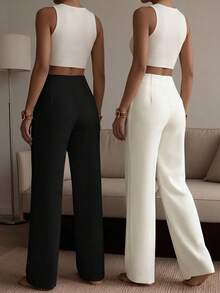 Women's 2pcs Wide Leg Pants Set, Black & White Solid Color Loose Trousers, Effortless Style - Black and White - View 2