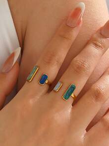 2pcs Stainless Steel Minimalist Summer Style Sapphire Blue Rings Set, Suitable For Women's Daily & Vacation Wear, Gift For Her - Multicolor - View 8