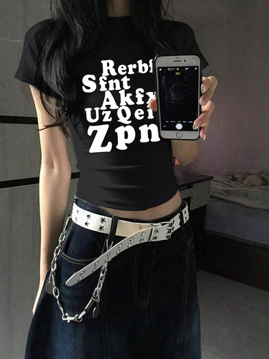 女士字母印花短袖T恤,夏季性感修身露脐休闲上衣 - 黑色-1 - 查看 1