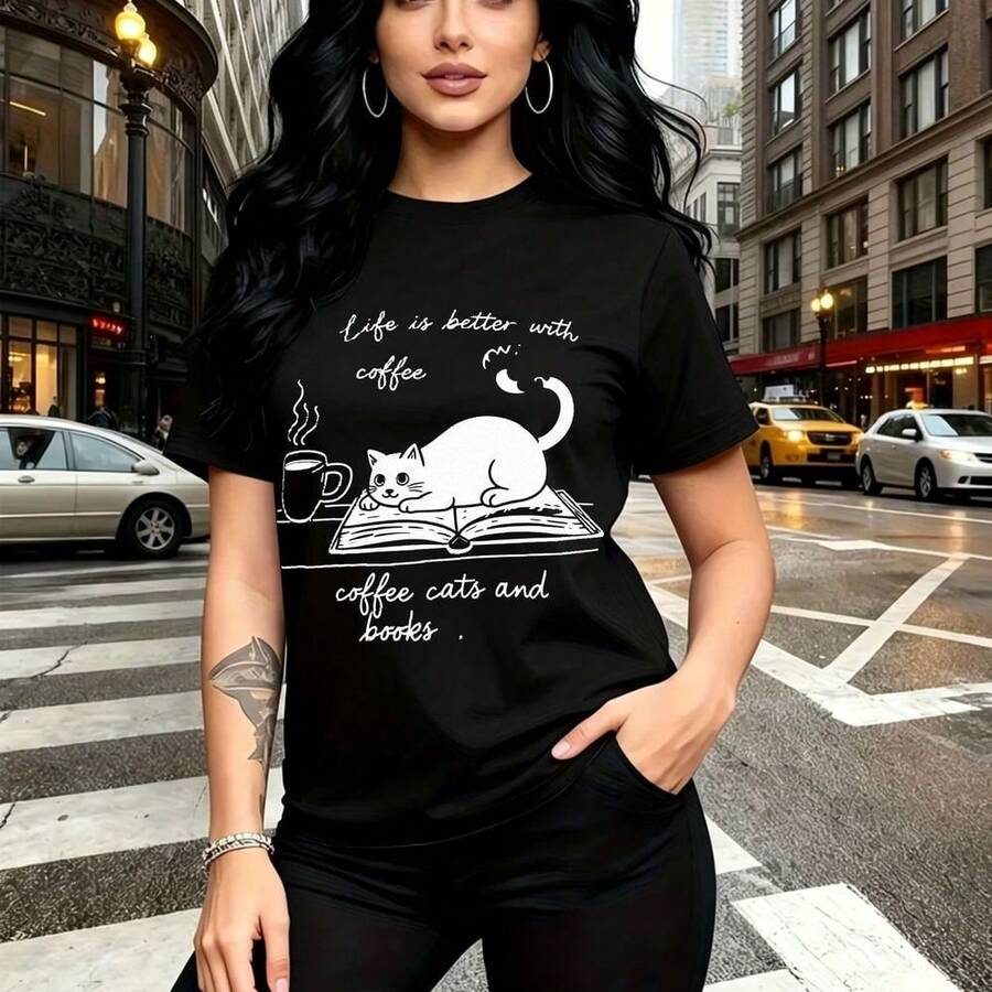 Camiseta de mujer con estampado divertido de gato sobre libro y taza de café con frase "life is better with coffee" - camiseta casual de manga corta, ajuste cómodo y estilo urbano moderno - ideal para días de lectura, cafés o salidas diarias, regalo - Negro - Ver 1