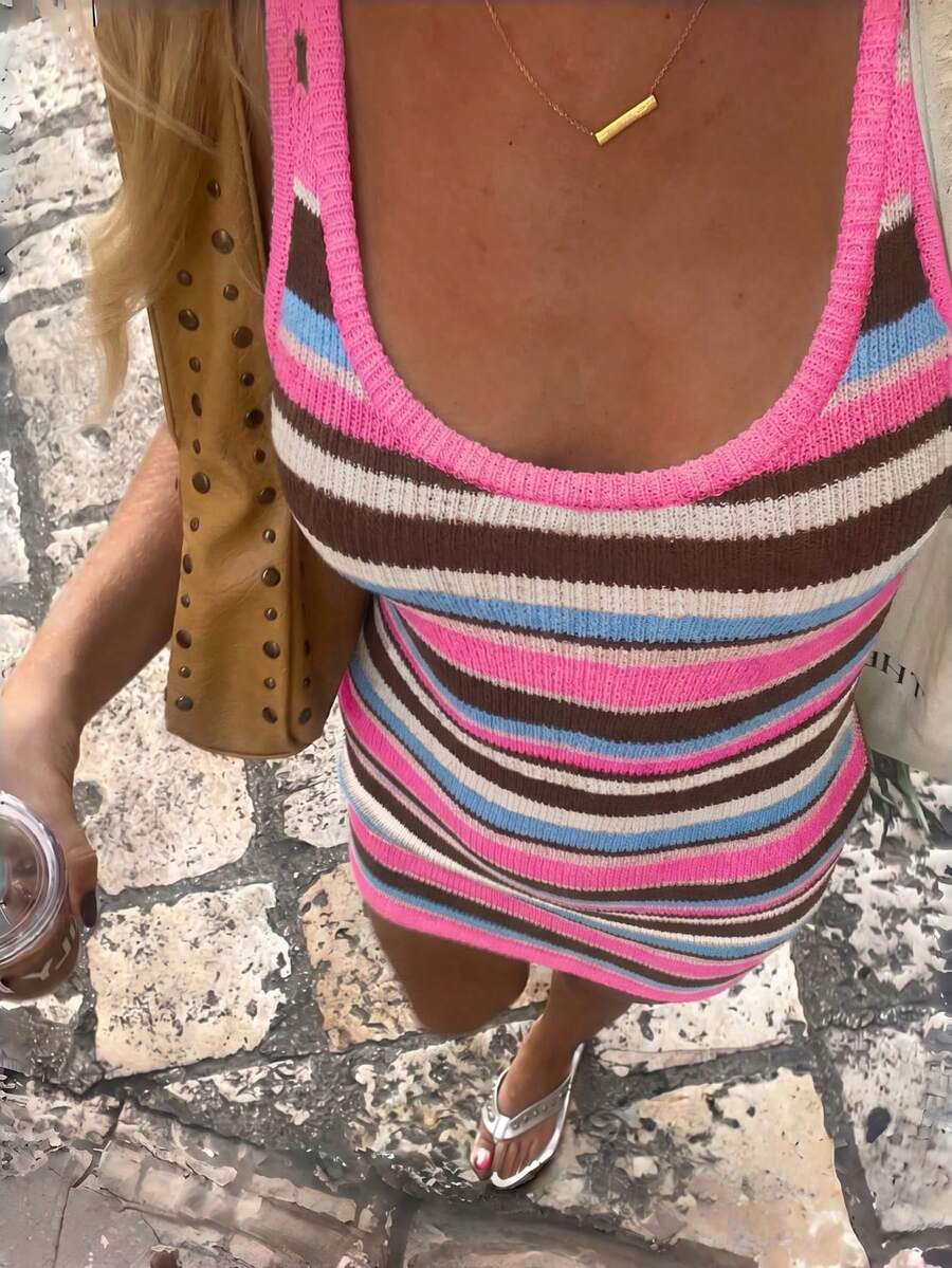 Vibrant Color-Block Striped Bodycon Knit Dress, Sleeveless, Spring/Summer Dress, Women's Holiday Outfit, Party Dress - Red Violet - View 1
