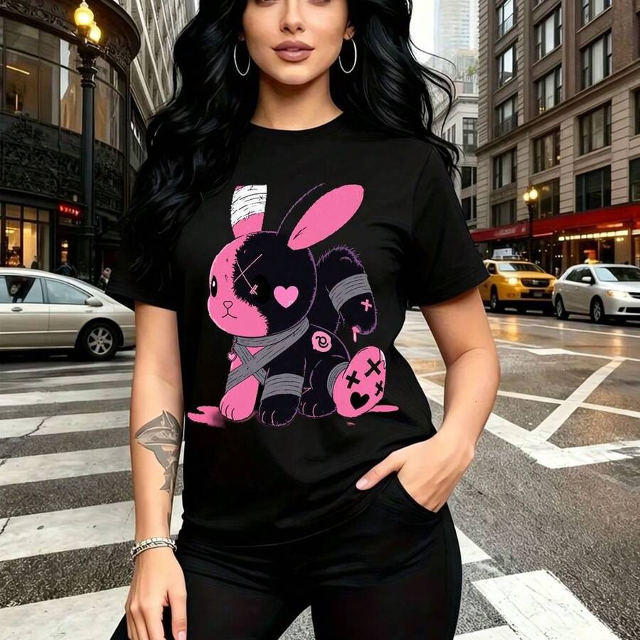 Camiseta de mujer con estampado de conejo rosa estilizado con orejas rayadas y pelota a juego, diseño divertido con corazón - camiseta casual de manga corta de cuello redondo, ajuste cómodo y elegante para el calor - ideal para paseos urbanos, salida - Negro - Ver 1