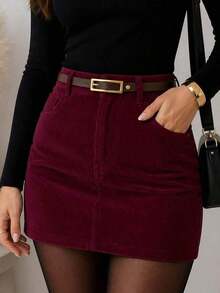 Elegant Women's Corduroy High-Waisted Skirt - Redwood - View 1