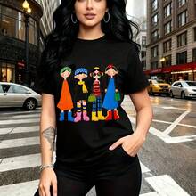 Camiseta de mujer con estampado colorido de cuatro figuras femeninas estilizadas en vibrantes tonos naranja, amarillo y azul - camiseta casual de manga corta con cuello redondo, ajuste cómodo y moderno para el estilo urbano mexicano - ideal para pase - Negro - Ver 11