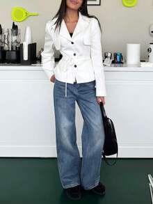 Women's Solid Color Woven Fabric Button White Short Trench Coat Jacket Office Autumn Winter - White - View 5