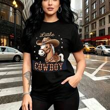 Camiseta de mujer con estampado de caballo vaquero estilo cartoon con sombrero y pañuelo, frase "Little COWBOY" con estrellas y diseño desgastado - camiseta casual de manga corta, ajuste cómodo y fresco, estilo urbano divertido - ideal para paseos po - Negro - Ver 10